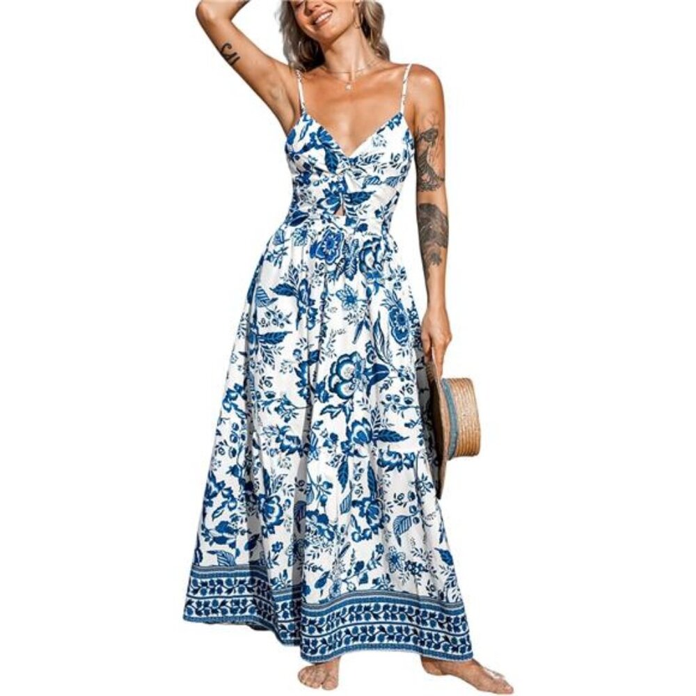 Women's Maxi Dress Floral Print Twisted V Neck Sleeveless Long Dress